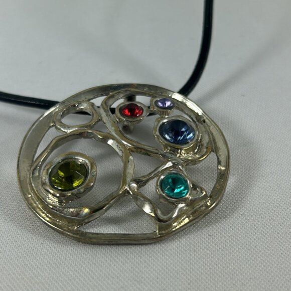 Silver Tone Round Rhinestones Pendant Corded Necklace Open Work Geometric - Picture 8 of 10